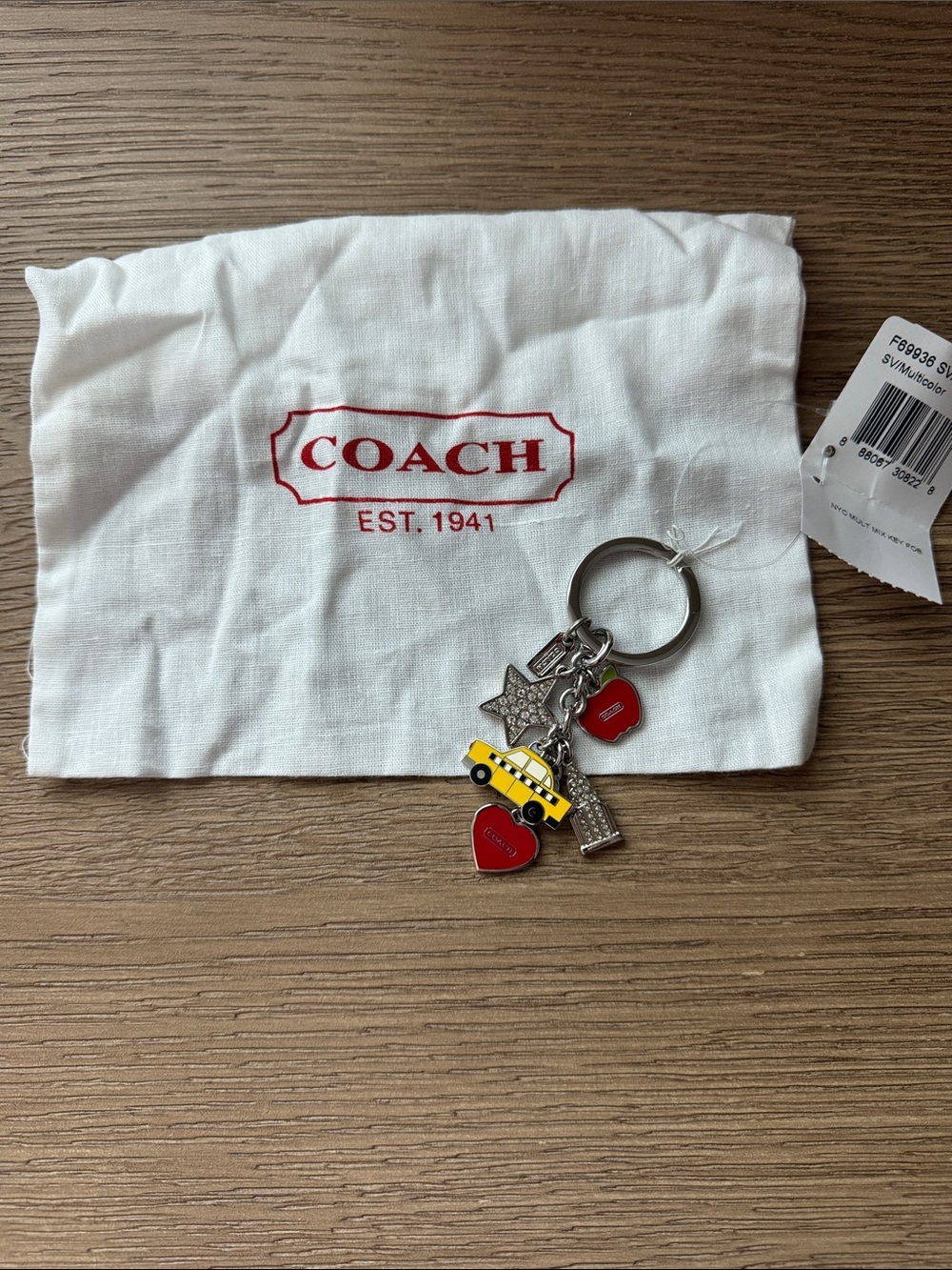Coach Silver Hardware Key Ring NYC with Red Hearts & Yellow Taxi Charm